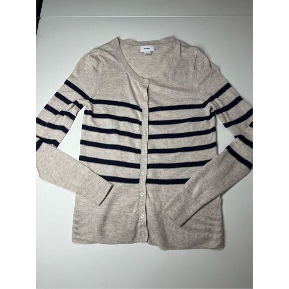 Old Navy Beige Navy Nautical Stripe Silver Lurex Accent Cardigan Sweater Size XS - Picture 4 of 12